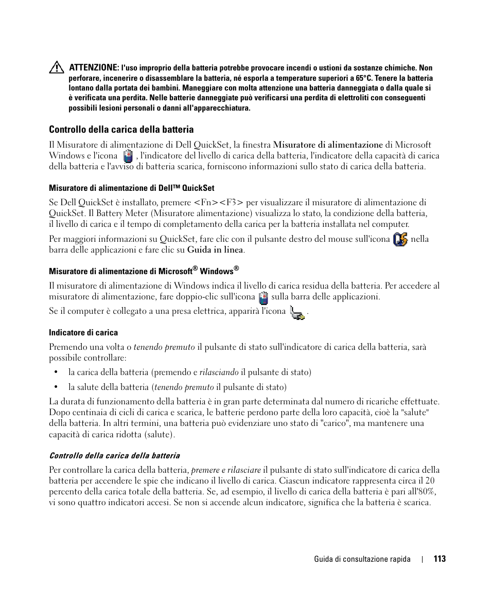 Controllo della carica della batteria | Dell Latitude D420 User Manual | Page 113 / 148