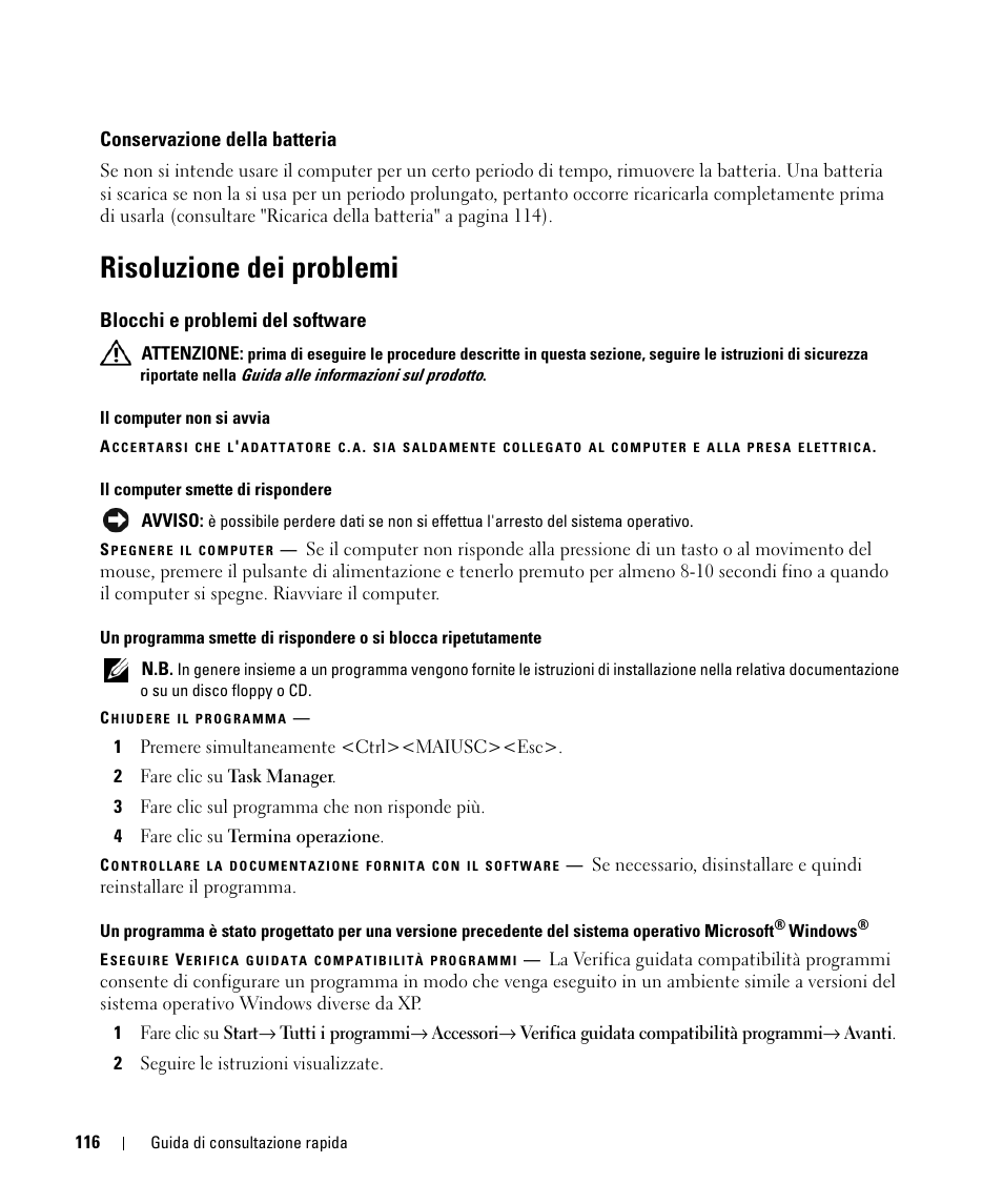 Conservazione della batteria, Risoluzione dei problemi, Blocchi e problemi del software | Dell Latitude D420 User Manual | Page 116 / 148