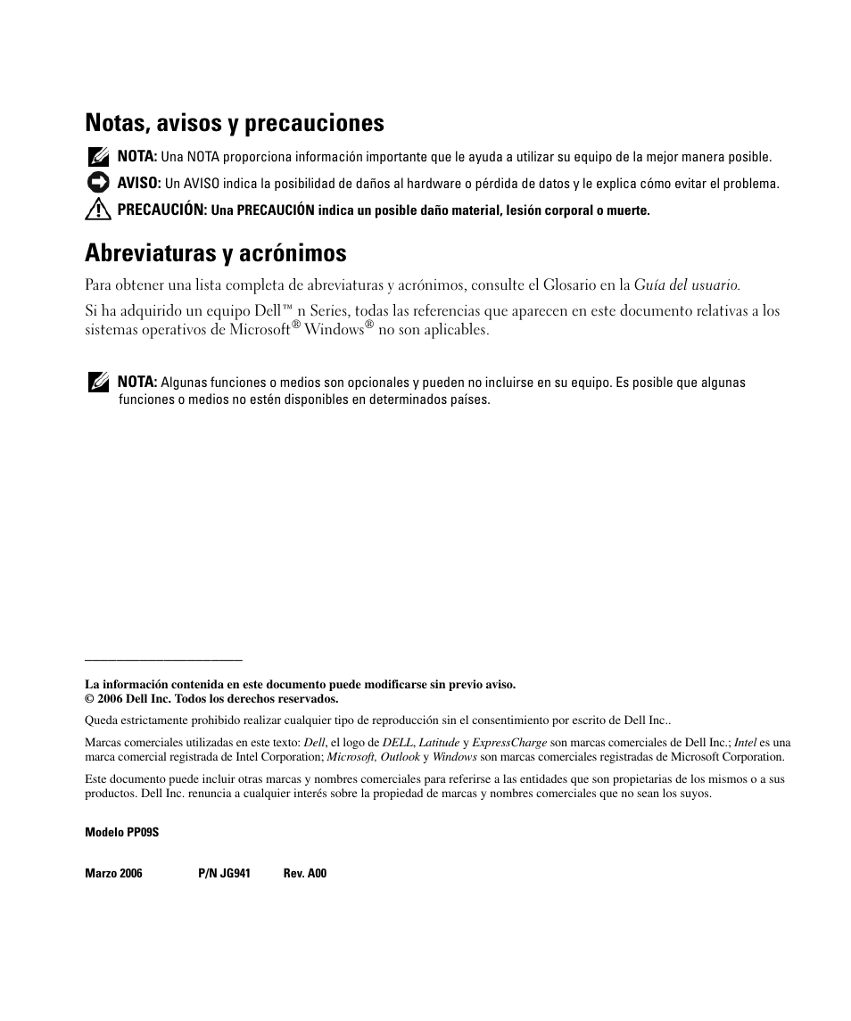 Notas, avisos y precauciones, Abreviaturas y acrónimos | Dell Latitude D420 User Manual | Page 124 / 148