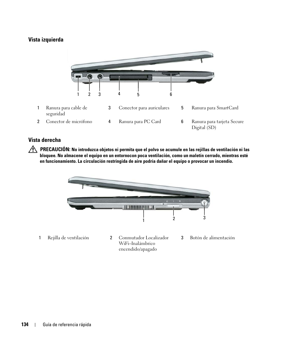 Vista izquierda, Vista derecha, Vista izquierda vista derecha | Dell Latitude D420 User Manual | Page 134 / 148