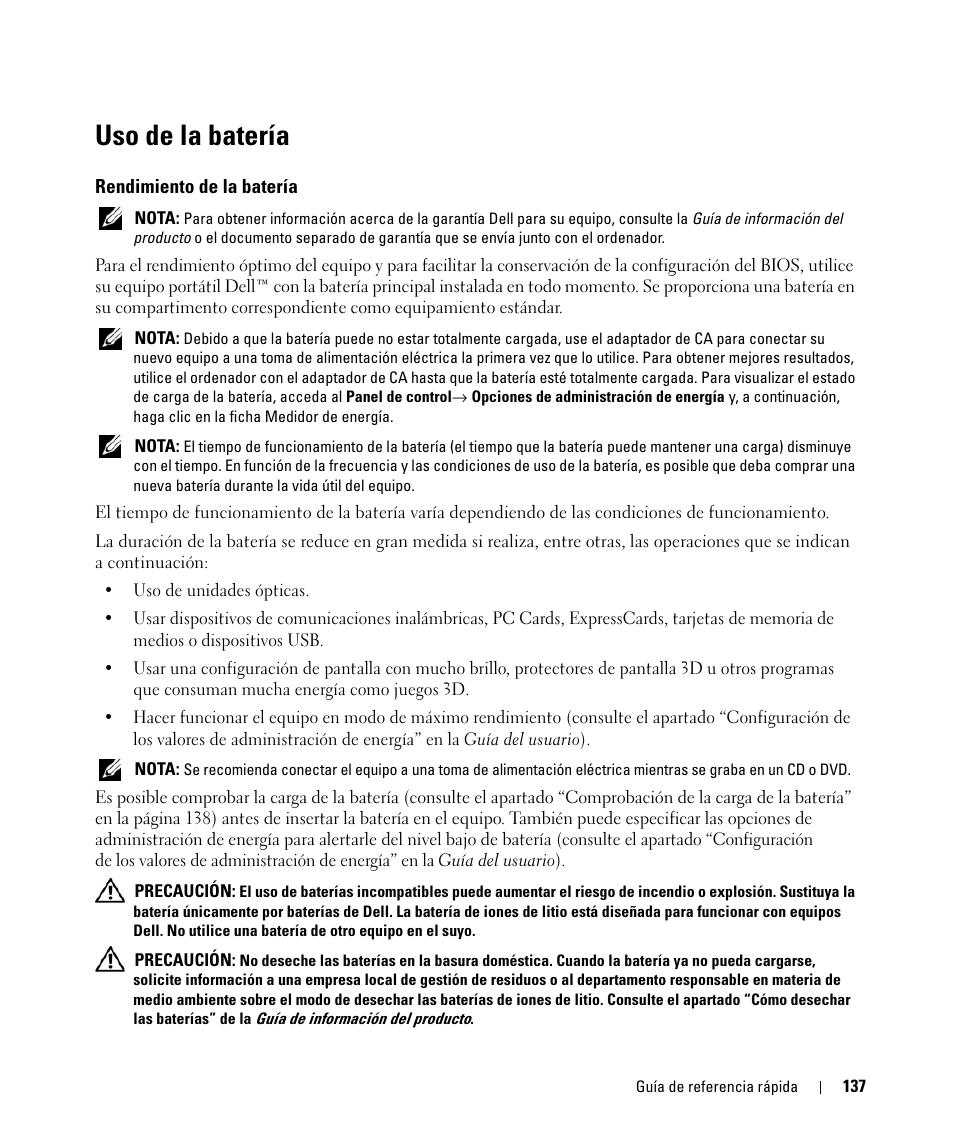 Uso de la batería, Rendimiento de la batería | Dell Latitude D420 User Manual | Page 137 / 148
