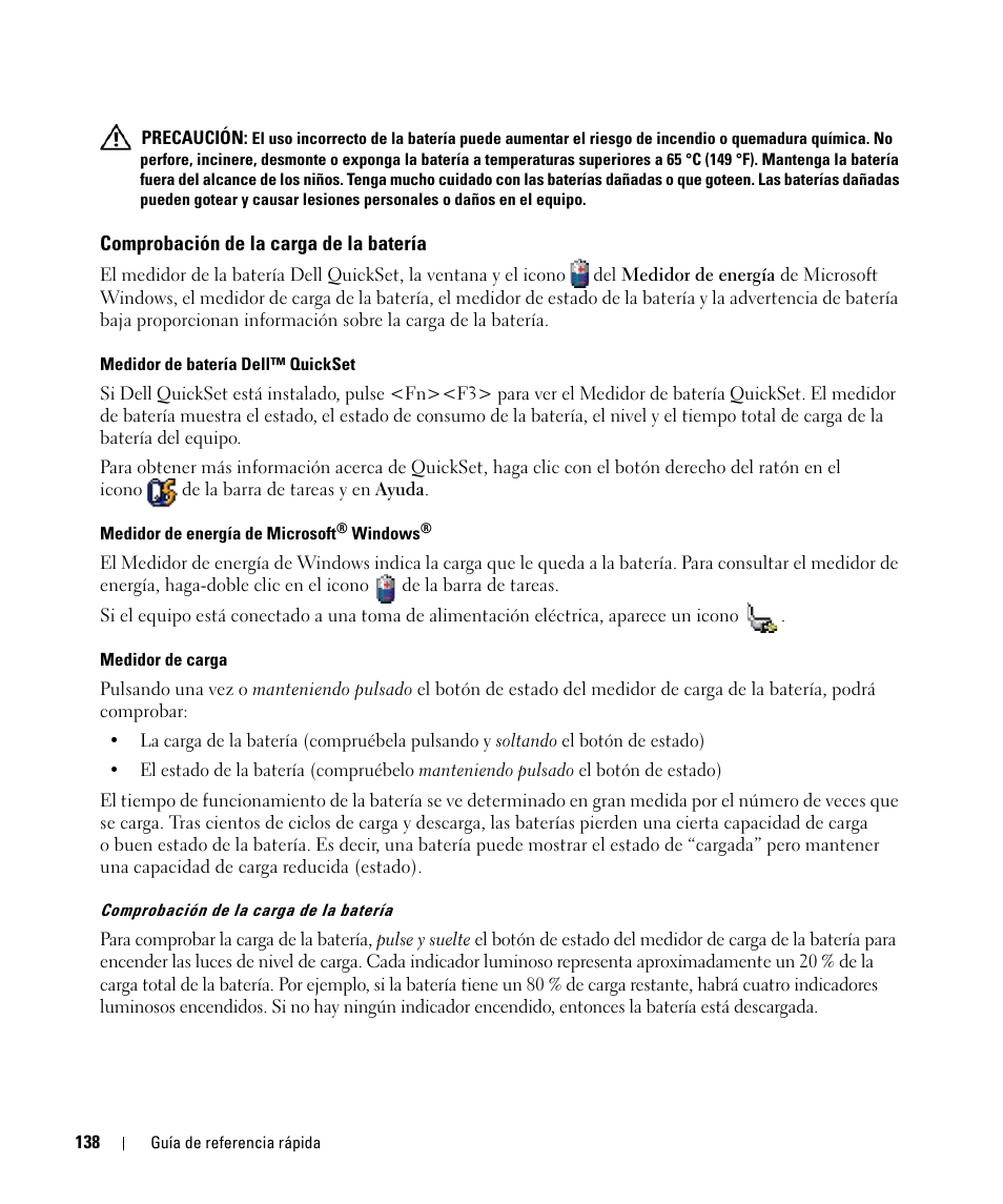 Comprobación de la carga de la batería | Dell Latitude D420 User Manual | Page 138 / 148