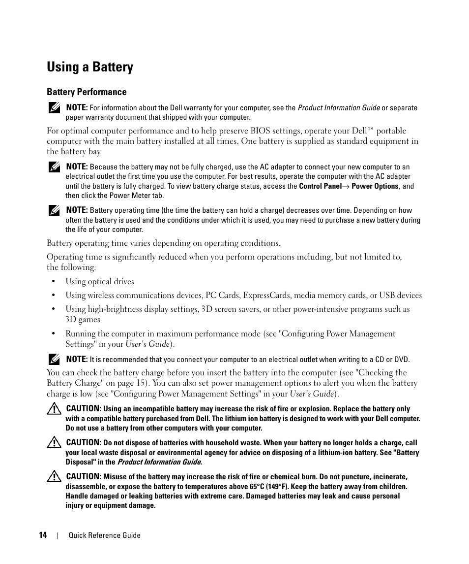 Using a battery, Battery performance | Dell Latitude D420 User Manual | Page 14 / 148