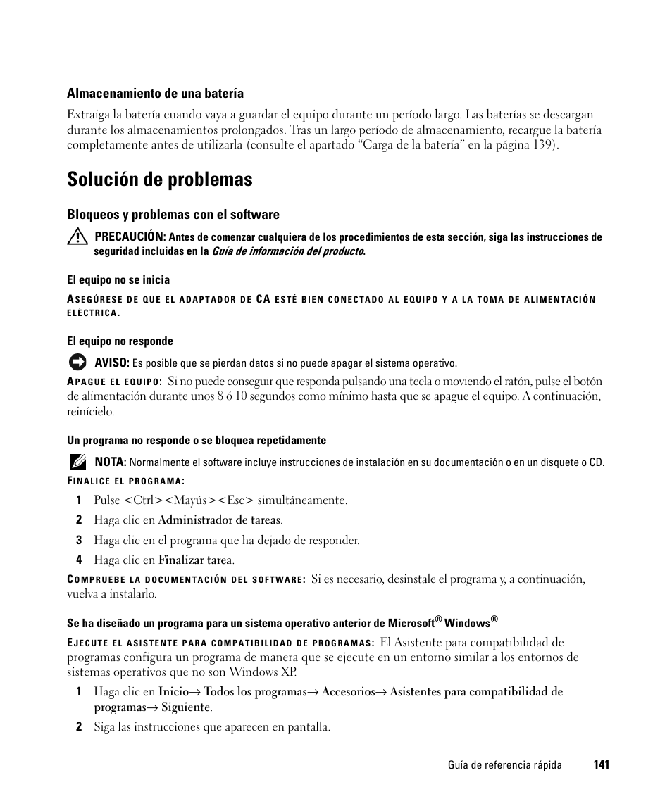 Almacenamiento de una batería, Solución de problemas, Bloqueos y problemas con el software | Dell Latitude D420 User Manual | Page 141 / 148