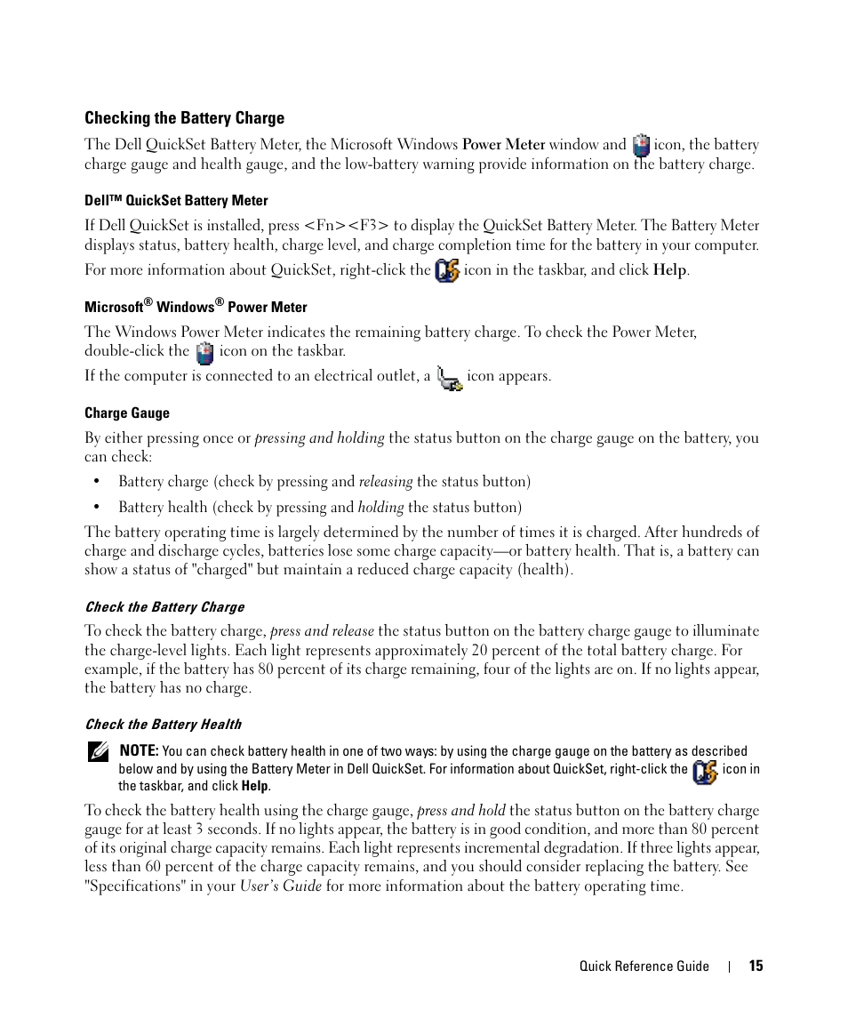 Checking the battery charge | Dell Latitude D420 User Manual | Page 15 / 148