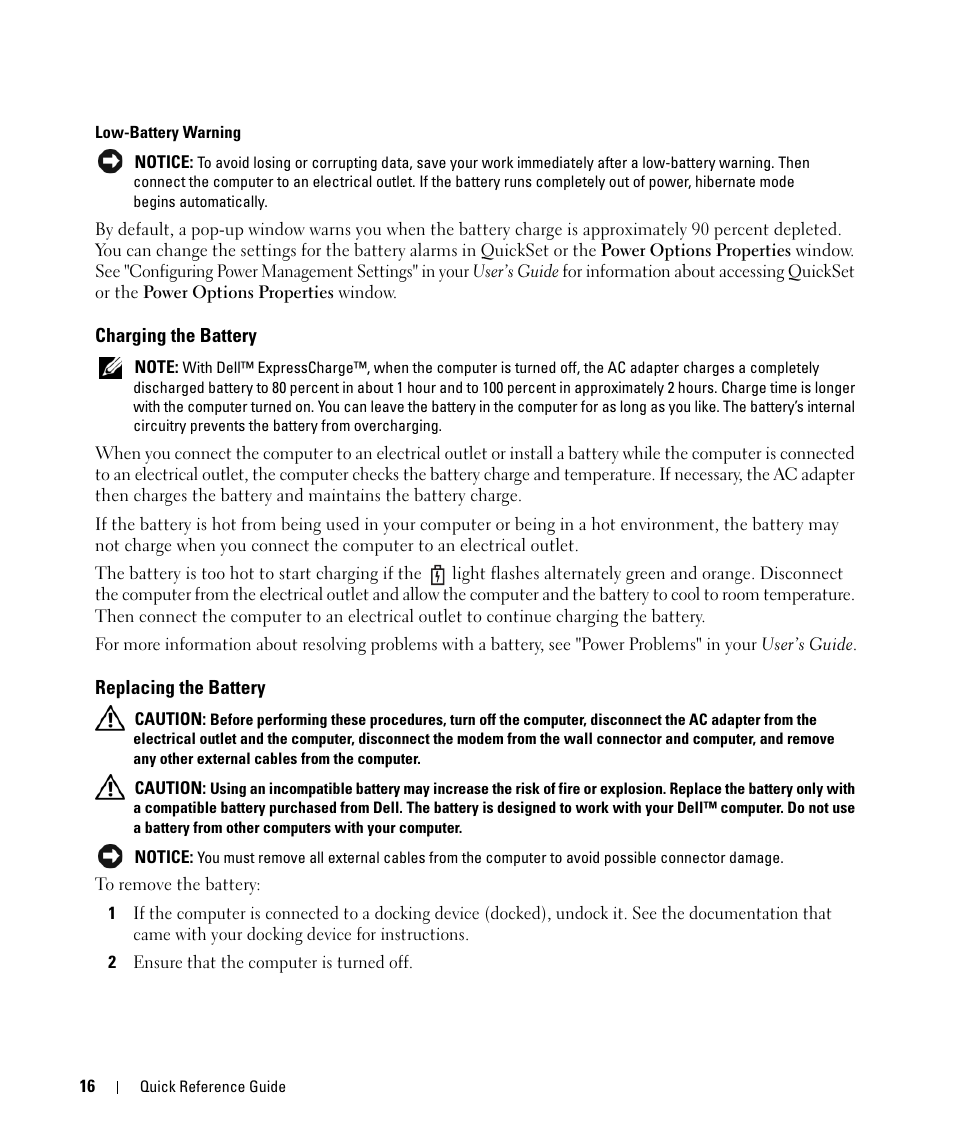 Charging the battery, Replacing the battery | Dell Latitude D420 User Manual | Page 16 / 148