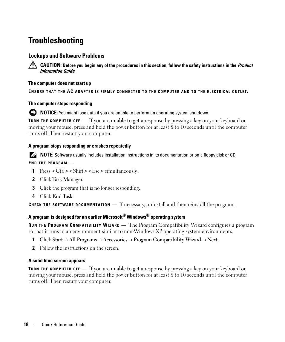 Troubleshooting, Lockups and software problems | Dell Latitude D420 User Manual | Page 18 / 148