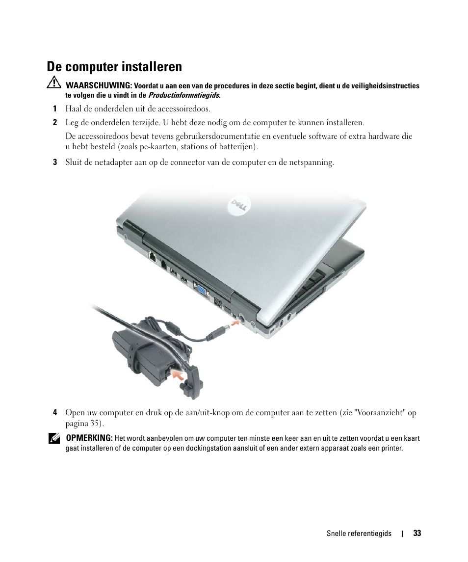 De computer installeren | Dell Latitude D420 User Manual | Page 33 / 148