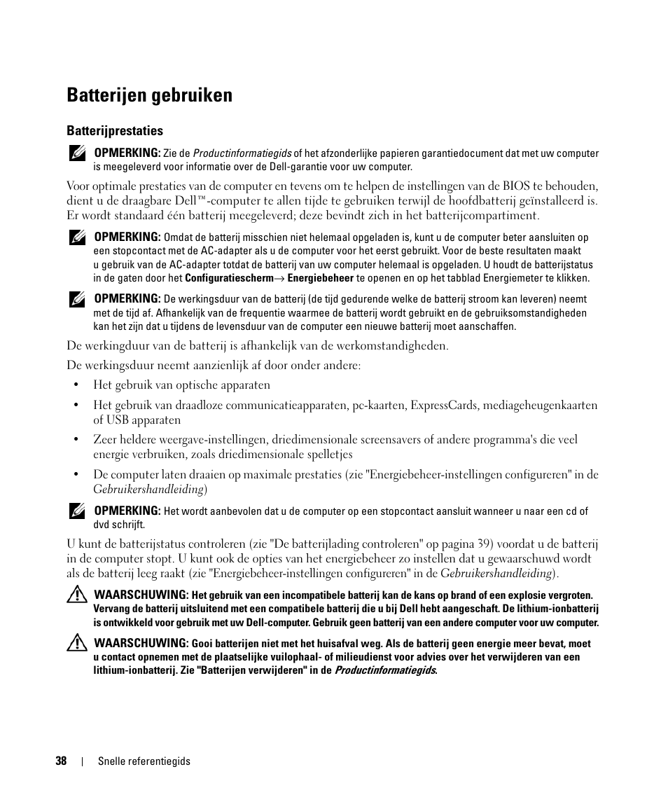 Batterijen gebruiken, Batterijprestaties | Dell Latitude D420 User Manual | Page 38 / 148