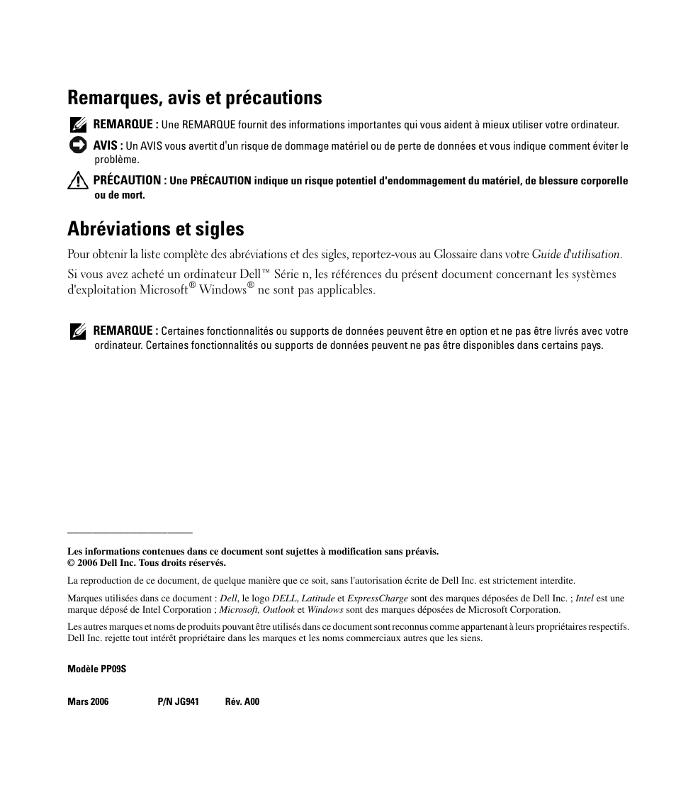 Remarques, avis et précautions, Abréviations et sigles | Dell Latitude D420 User Manual | Page 52 / 148