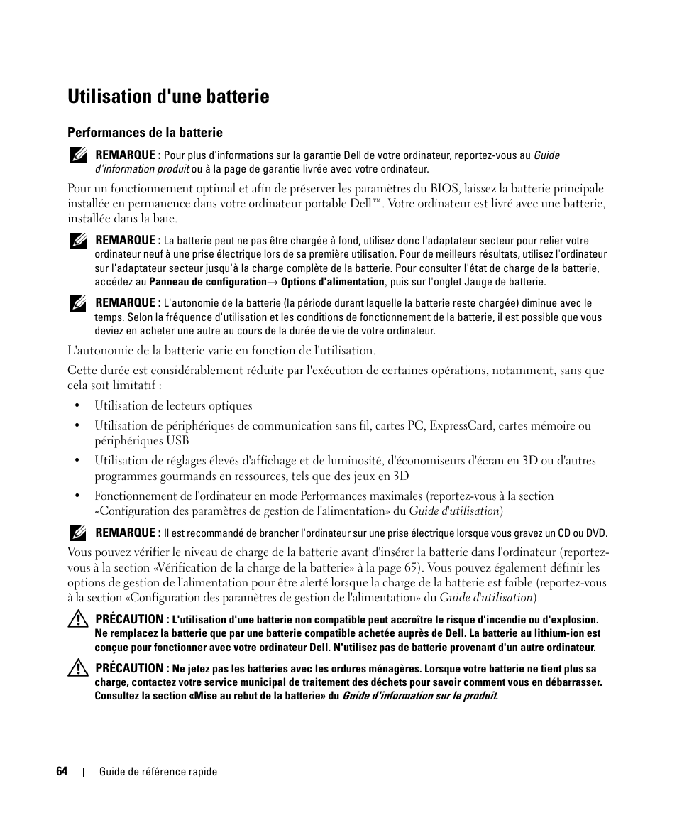 Utilisation d'une batterie, Performances de la batterie | Dell Latitude D420 User Manual | Page 64 / 148