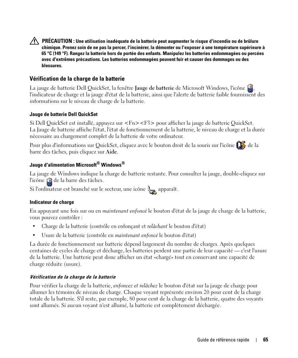Vérification de la charge de la batterie | Dell Latitude D420 User Manual | Page 65 / 148