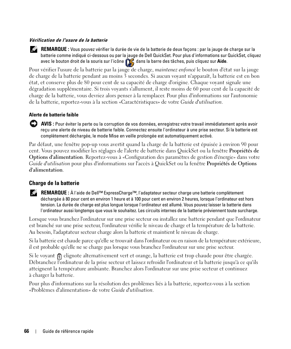 Charge de la batterie | Dell Latitude D420 User Manual | Page 66 / 148