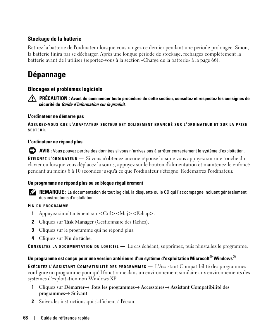 Stockage de la batterie, Dépannage, Blocages et problèmes logiciels | Dell Latitude D420 User Manual | Page 68 / 148