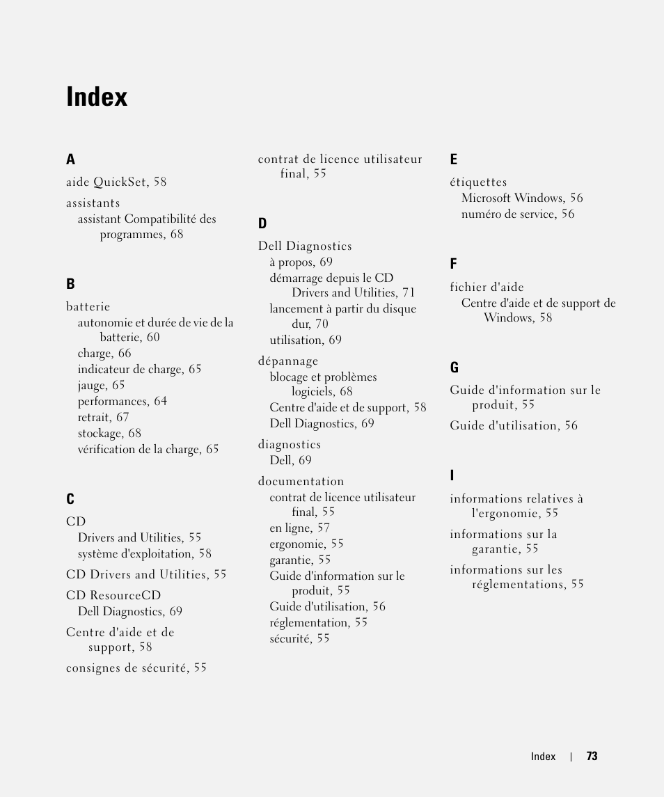 Index | Dell Latitude D420 User Manual | Page 73 / 148