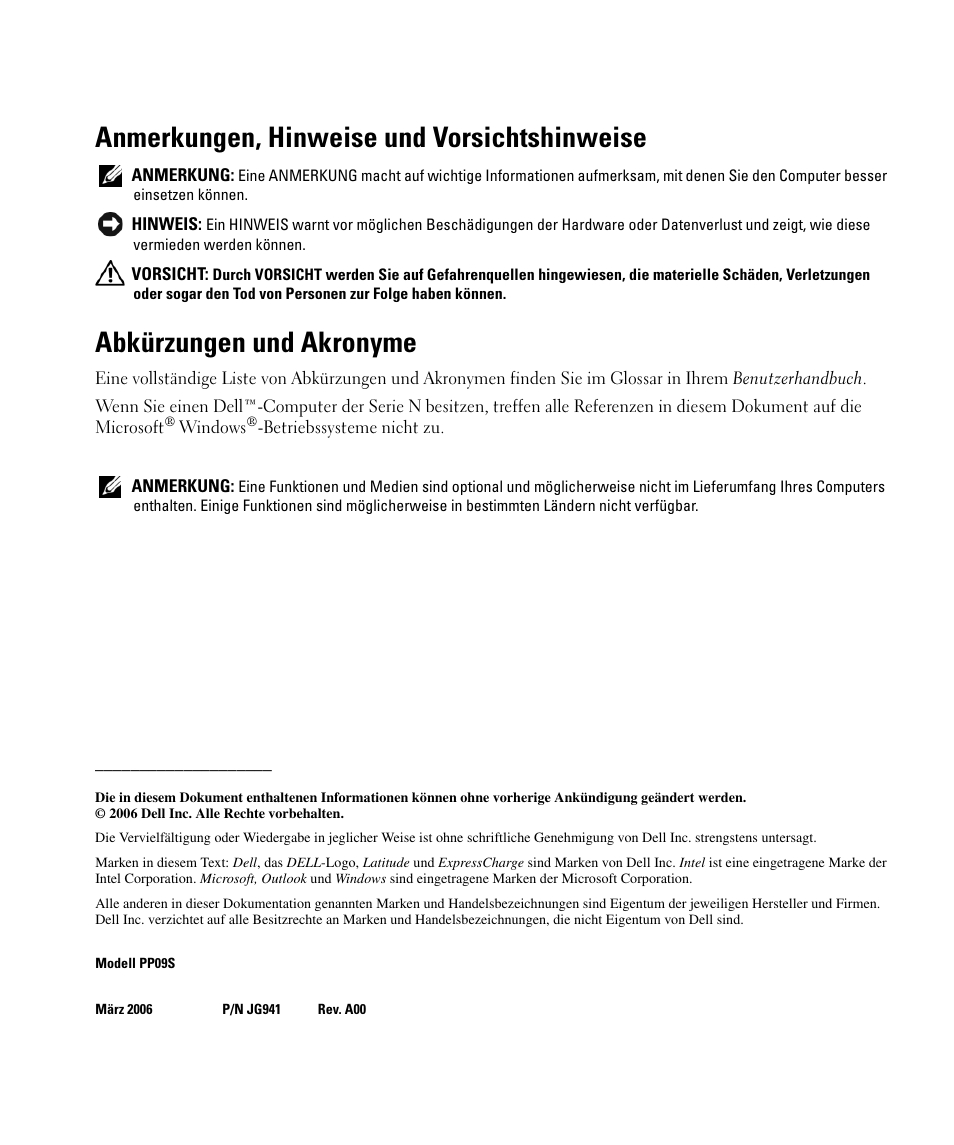 Anmerkungen, hinweise und vorsichtshinweise, Abkürzungen und akronyme | Dell Latitude D420 User Manual | Page 76 / 148
