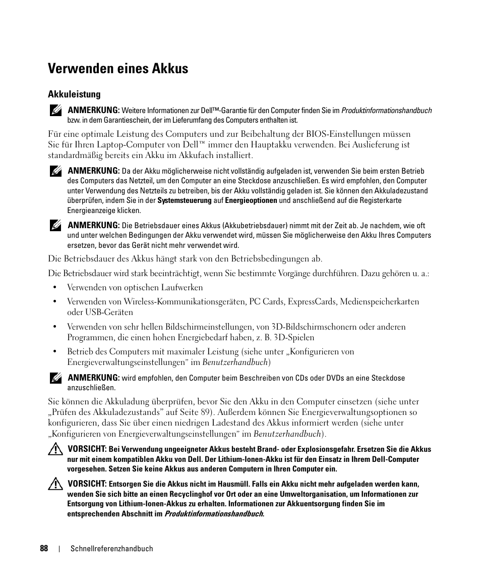Verwenden eines akkus, Akkuleistung | Dell Latitude D420 User Manual | Page 88 / 148