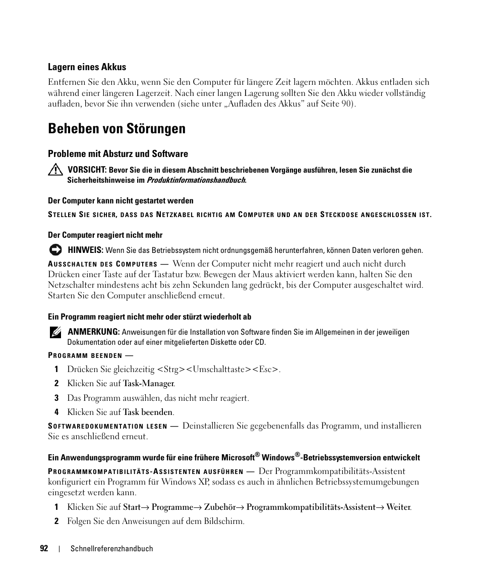 Lagern eines akkus, Beheben von störungen, Probleme mit absturz und software | Dell Latitude D420 User Manual | Page 92 / 148