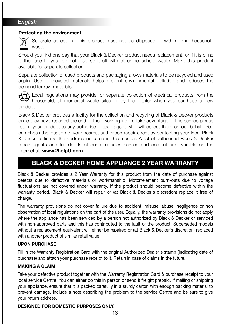 Black & decker home appliance 2 year warranty | Black & Decker PRSM600 User Manual | Page 13 / 26