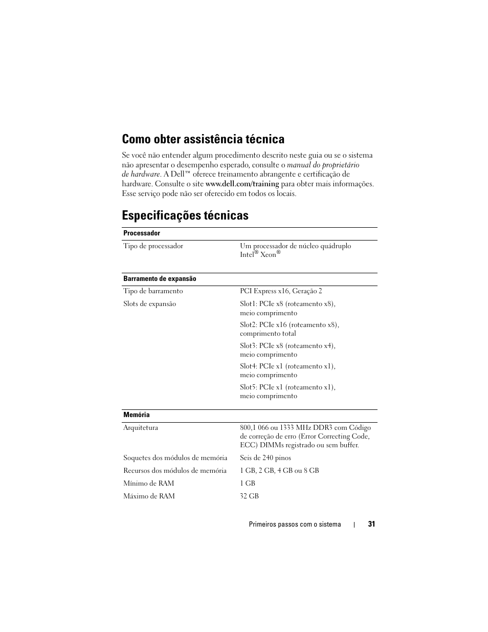 Como obter assistência técnica, Especificações técnicas | Dell PowerEdge T310 User Manual | Page 33 / 50