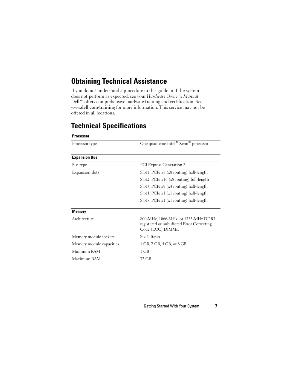 Obtaining technical assistance, Technical specifications | Dell PowerEdge T310 User Manual | Page 9 / 50