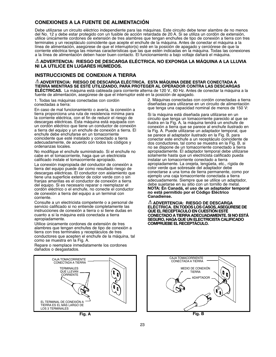 Conexiones a la fuente de alimentación, Instrucciones de conexión a tierra | Black & Decker BDSA100 User Manual | Page 23 / 40