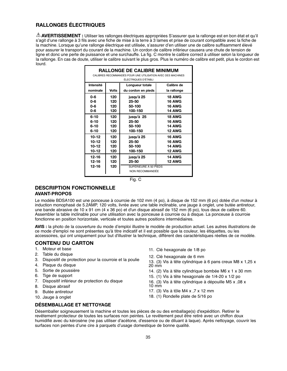 Rallonges électriques, Description fonctionnelle, Contenu du carton | Black & Decker BDSA100 User Manual | Page 35 / 40