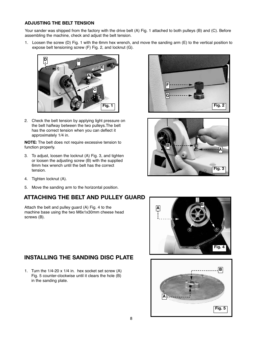 Attaching the belt and pulley guard, Installing the sanding disc plate | Black & Decker BDSA100 User Manual | Page 8 / 40