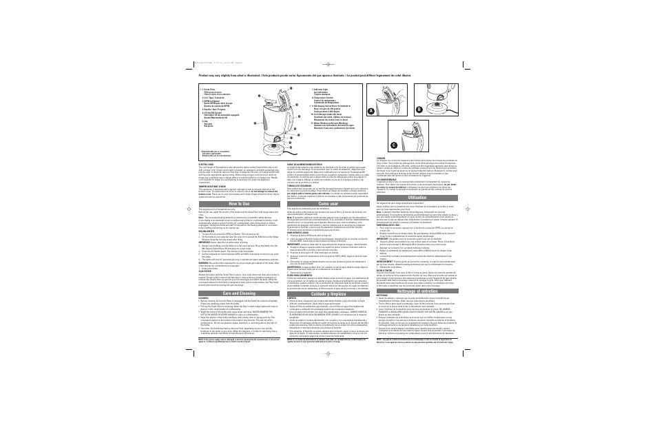 Utilisation, Nettoyage et entretien a b c, How to use care and cleaning cuidado y limpieza | Como usar | Black & Decker SMARTBOIL JKC700 User Manual | Page 2 / 2