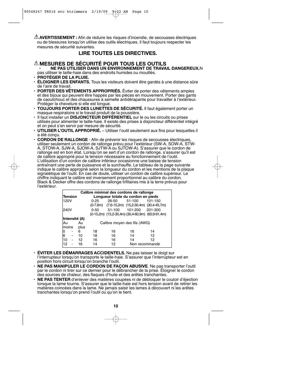 Mesures de sécurité pour tous les outils, Lire toutes les directives | Black & Decker TR017 User Manual | Page 10 / 24