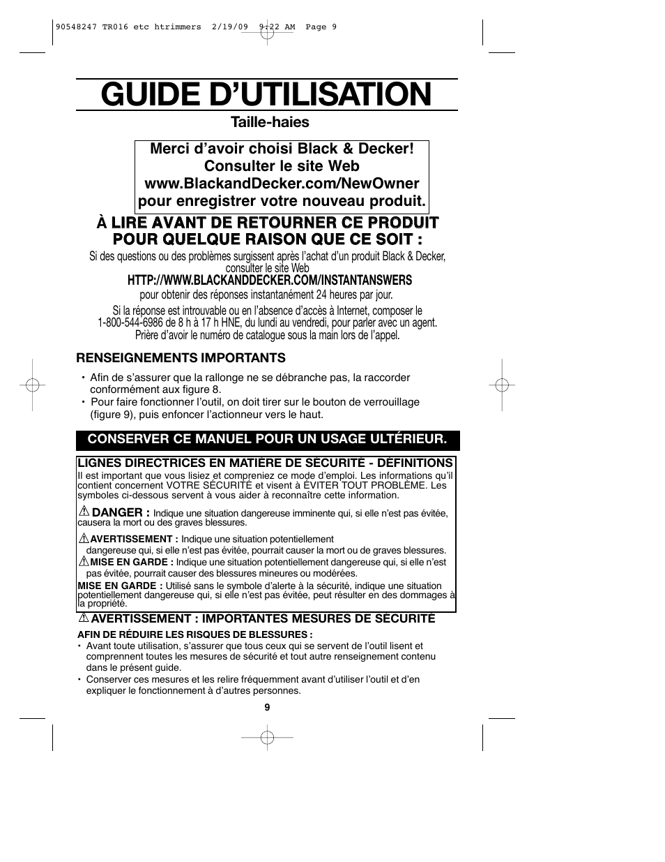 Guide d’utilisation | Black & Decker TR017 User Manual | Page 9 / 24