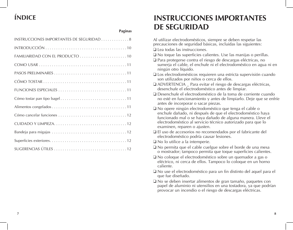 Instrucciones importantes de seguridad, Índice | Black & Decker T1700IKT User Manual | Page 5 / 13