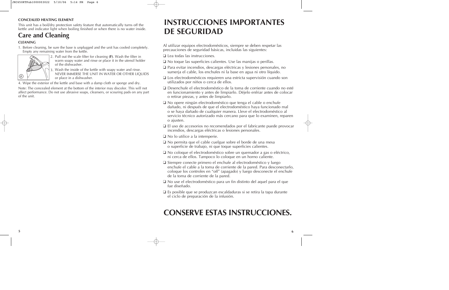 Instrucciones importantes de seguridad, Conserve estas instrucciones, Care and cleaning | Black & Decker JKC650KT User Manual | Page 4 / 13