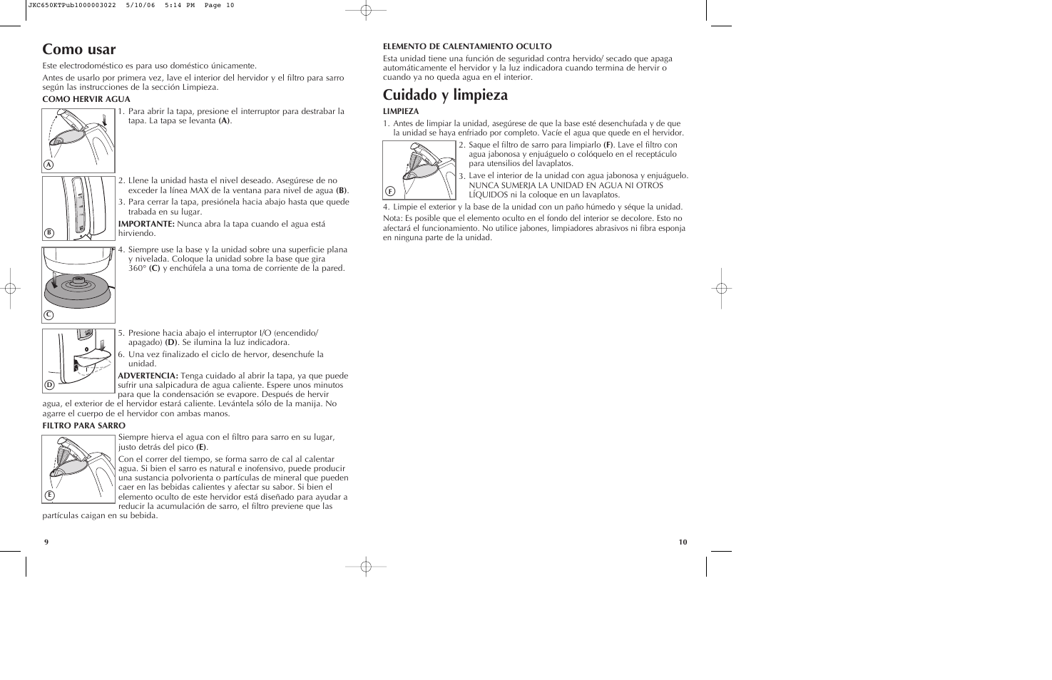 Como usar, Cuidado y limpieza | Black & Decker JKC650KT User Manual | Page 6 / 13