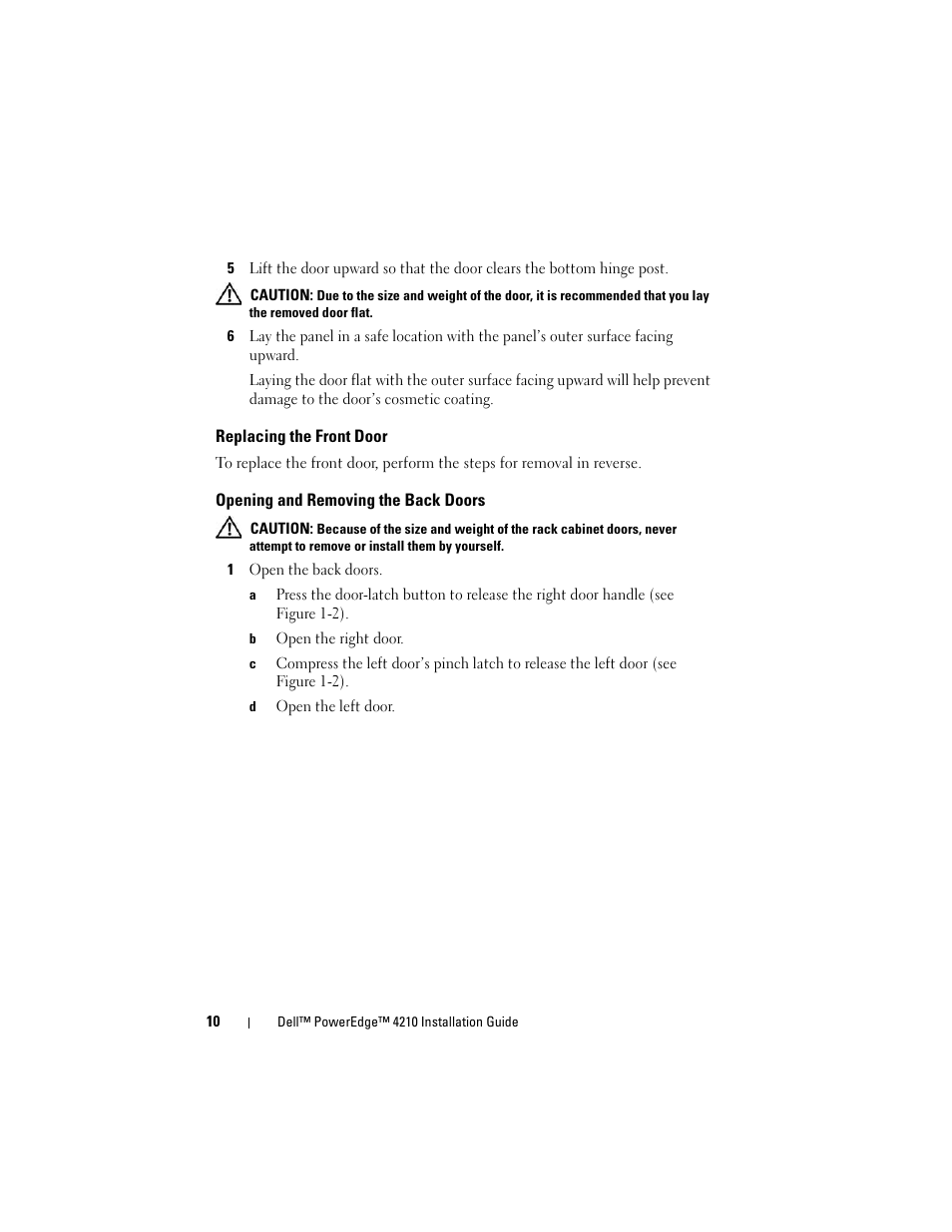 Replacing the front door, Opening and removing the back doors | Dell PowerEdge Rack Enclosure 4210 User Manual | Page 12 / 162