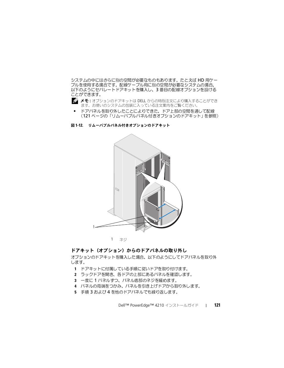ドアキット（オプション）からのドアパネルの取り外し, ドアキット（オプション）からのドアパネルの | Dell PowerEdge Rack Enclosure 4210 User Manual | Page 123 / 162