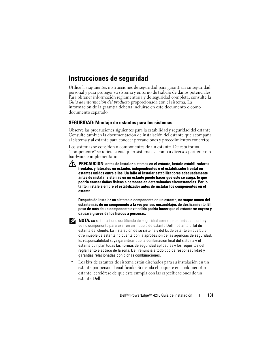 Instrucciones de seguridad, Seguridad: montaje de estantes para los sistemas | Dell PowerEdge Rack Enclosure 4210 User Manual | Page 133 / 162