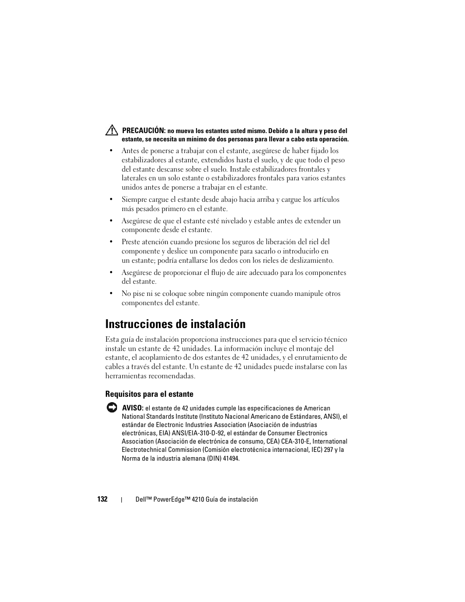 Instrucciones de instalación, Requisitos para el estante | Dell PowerEdge Rack Enclosure 4210 User Manual | Page 134 / 162