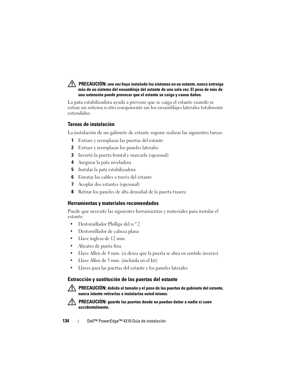 Tareas de instalación, Herramientas y materiales recomendados | Dell PowerEdge Rack Enclosure 4210 User Manual | Page 136 / 162