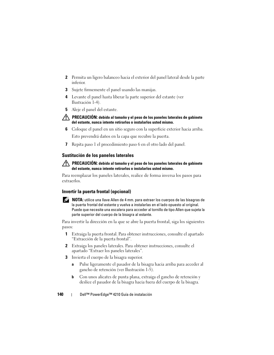 Sustitución de los paneles laterales, Invertir la puerta frontal (opcional) | Dell PowerEdge Rack Enclosure 4210 User Manual | Page 142 / 162