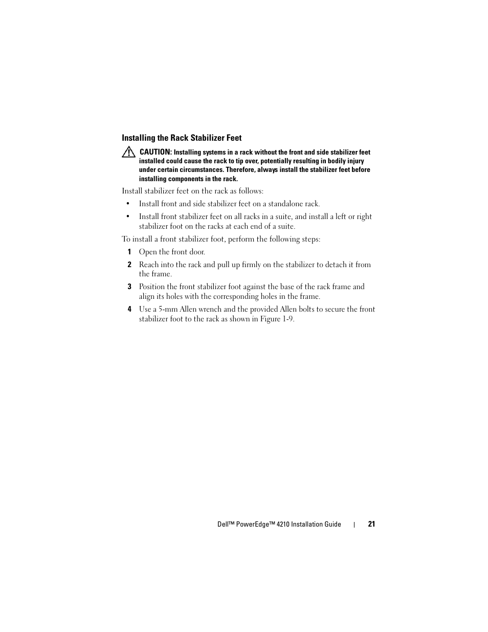 Installing the rack stabilizer feet | Dell PowerEdge Rack Enclosure 4210 User Manual | Page 23 / 162