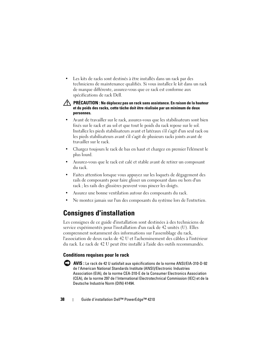 Consignes d'installation, Conditions requises pour le rack | Dell PowerEdge Rack Enclosure 4210 User Manual | Page 40 / 162