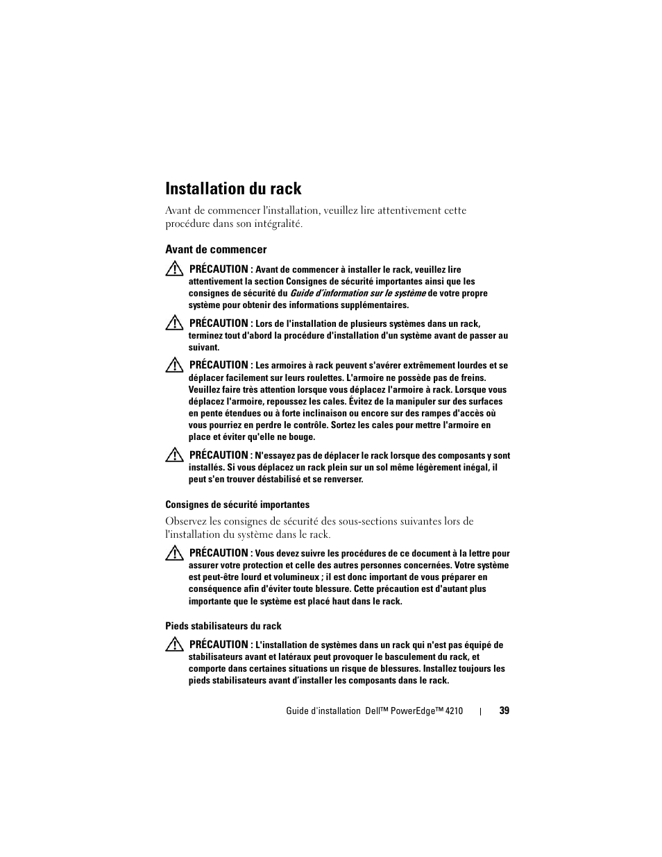 Installation du rack, Avant de commencer | Dell PowerEdge Rack Enclosure 4210 User Manual | Page 41 / 162