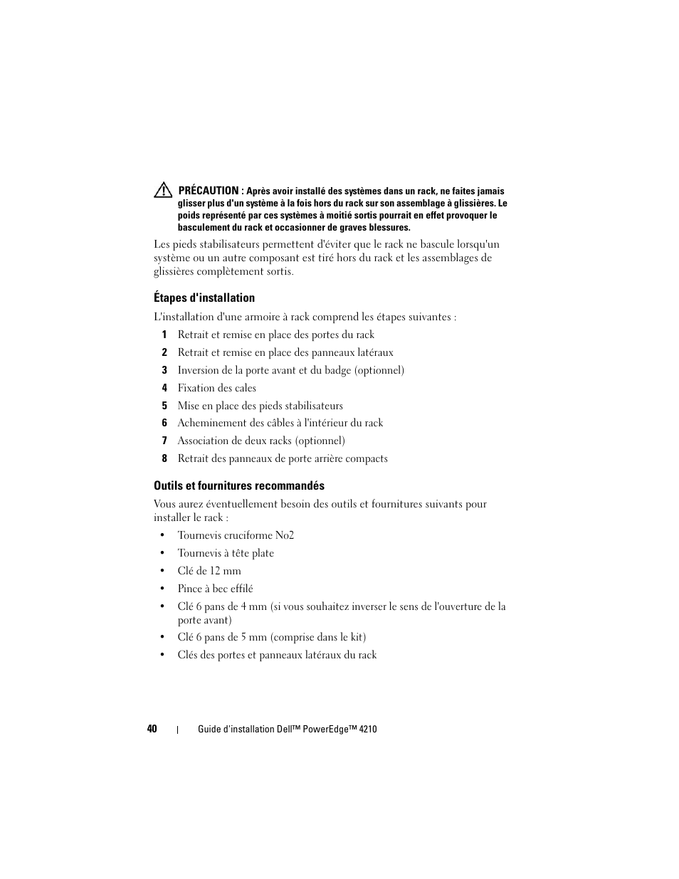 Étapes d'installation, Outils et fournitures recommandés | Dell PowerEdge Rack Enclosure 4210 User Manual | Page 42 / 162