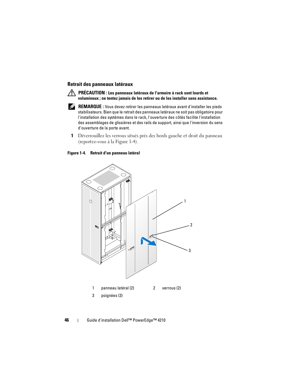 Retrait des panneaux latéraux | Dell PowerEdge Rack Enclosure 4210 User Manual | Page 48 / 162