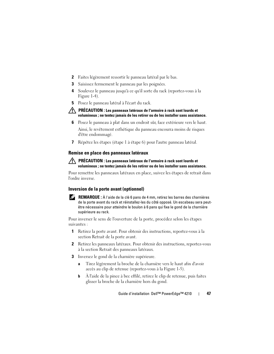 Remise en place des panneaux latéraux, Inversion de la porte avant (optionnel) | Dell PowerEdge Rack Enclosure 4210 User Manual | Page 49 / 162