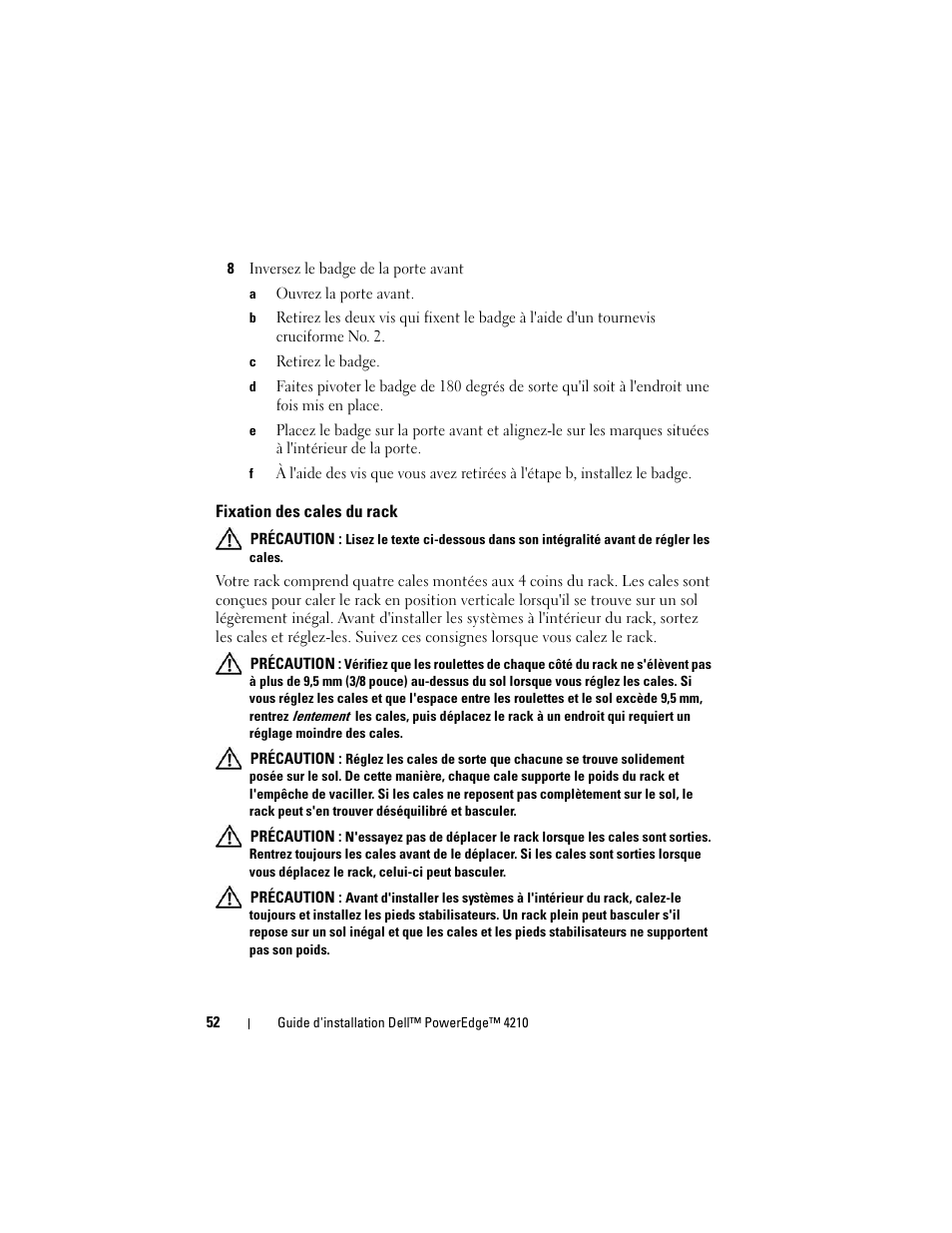 Fixation des cales du rack | Dell PowerEdge Rack Enclosure 4210 User Manual | Page 54 / 162