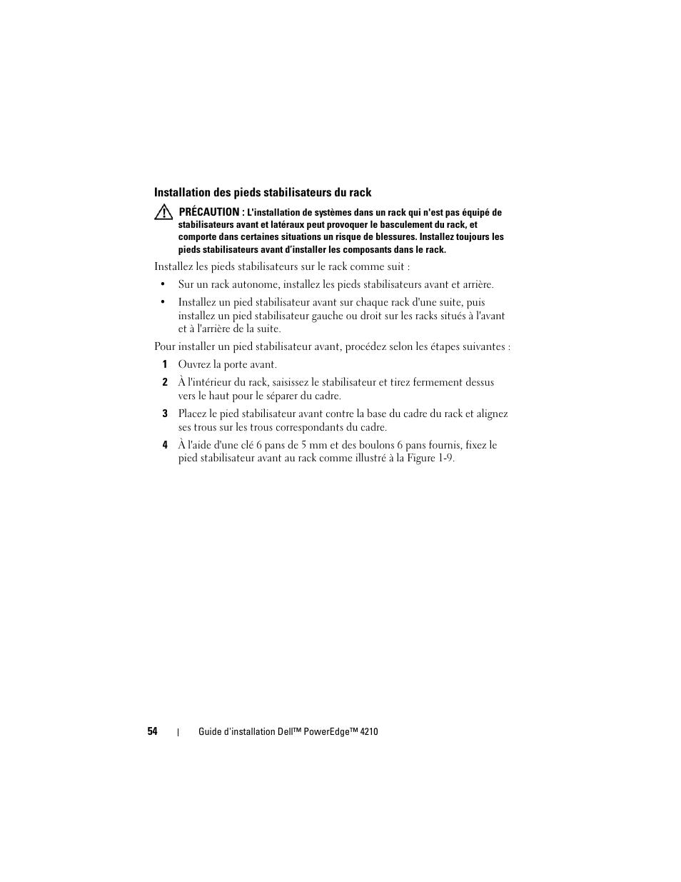 Installation des pieds stabilisateurs du rack | Dell PowerEdge Rack Enclosure 4210 User Manual | Page 56 / 162