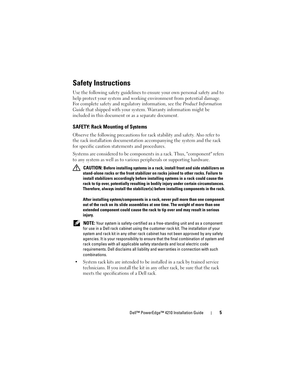 Safety instructions, Safety: rack mounting of systems | Dell PowerEdge Rack Enclosure 4210 User Manual | Page 7 / 162