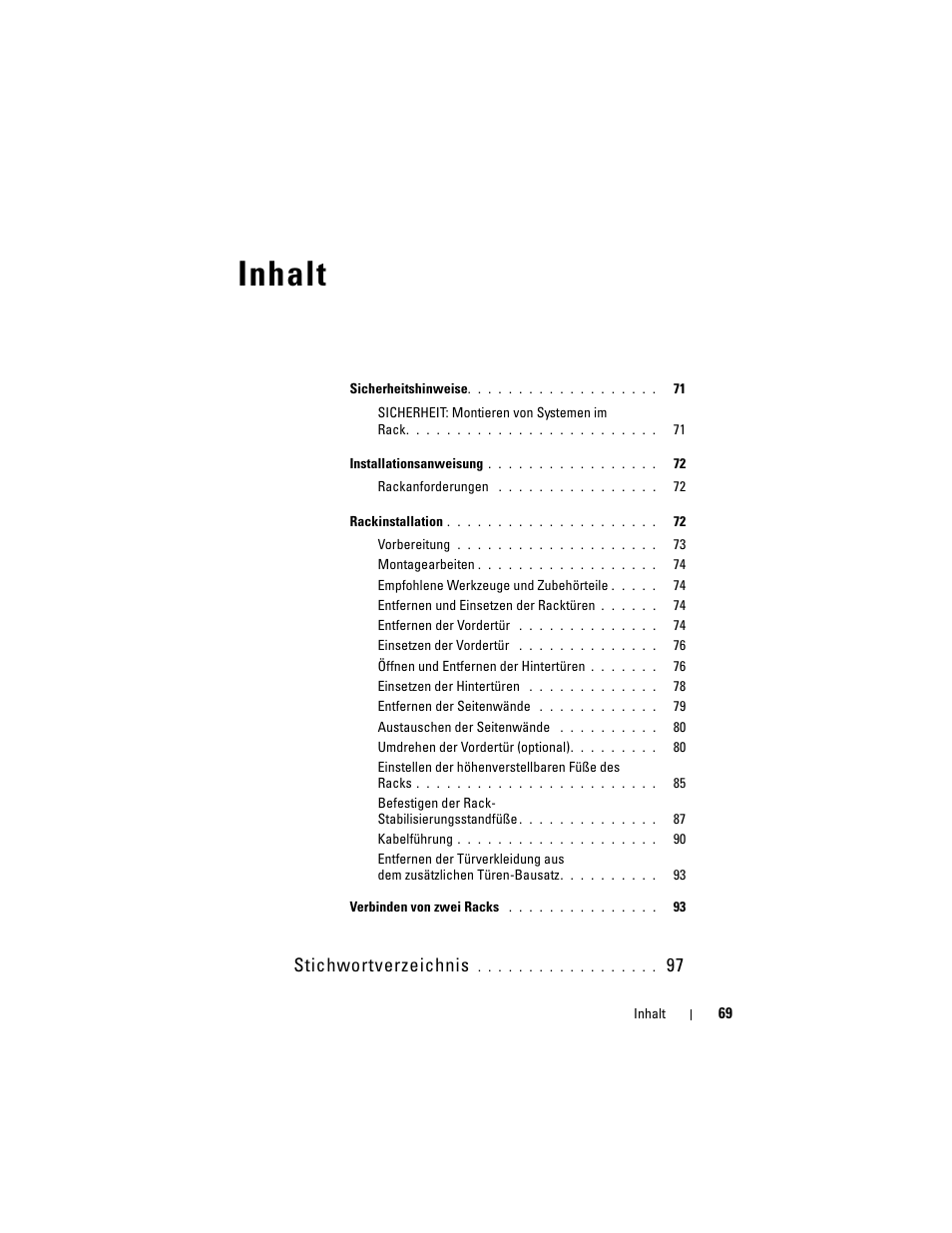 Inhalt, Stichwortverzeichnis | Dell PowerEdge Rack Enclosure 4210 User Manual | Page 71 / 162